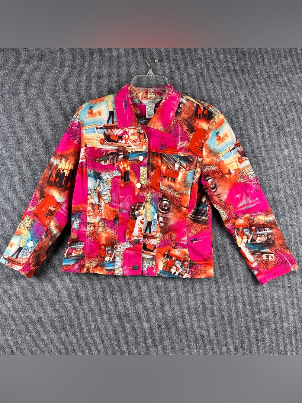 Stonebridge Signature Pop Art Vintage Car Map Trucker Jacket Size Petite Small